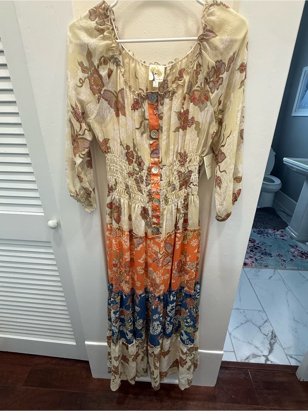 fig and flower Cream, Orange & Blue Boho Tiered Maxi Dress